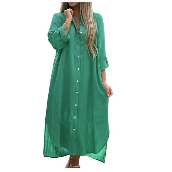 Women's Cotton Linen Oversized Shirt Dress Loose Fit Long Sleeve Button Up Casual Tunic Dresses Beach Coverups