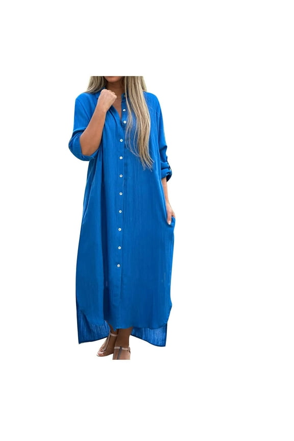 Women's Cotton Linen Oversized Shirt Dress Loose Fit Long Sleeve Button Up Casual Tunic Dresses Beach Coverups