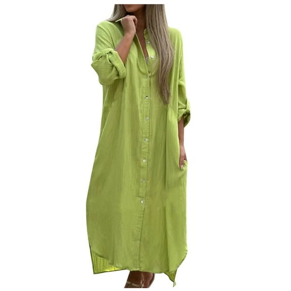 Women's Cotton Linen Oversized Shirt Dress Loose Fit Long Sleeve Button Up Casual Tunic Dresses Beach Coverups
