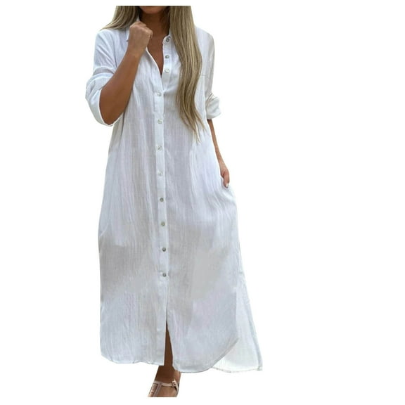 Women's Cotton Linen Oversized Shirt Dress Loose Fit Long Sleeve Button Up Casual Tunic Dresses Beach Coverups
