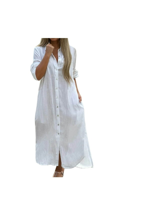 Women's Cotton Linen Oversized Shirt Dress Loose Fit Long Sleeve Button Up Casual Tunic Dresses Beach Coverups