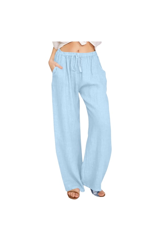 Women's Cotton Linen Palazzo Pants Drawstring Elastic Waist Casual Wide Leg Long Lounge Trousers with Pockets Light Blue