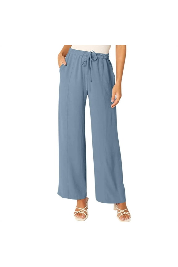 Women's Cotton Linen Palazzo Pants Drawstring Elastic Waist Casual Wide Leg Long Lounge Trousers with Pockets