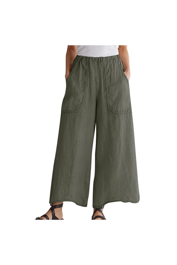 Women's Cotton and Linen Pants Baggy Solid Comfy Elastic Waist Wide Leg Pants with Pockets Spring Summer Casual Loungewear Loose Fit Pants(4XL,Army Green)