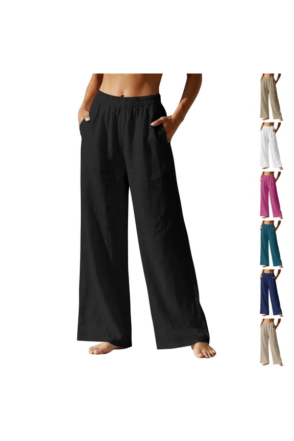 Women's Cotton Linen Pants Casual Drawstring High Elastic Waist Trousers Straight Leg Nine Pants with Pockets Khaki L