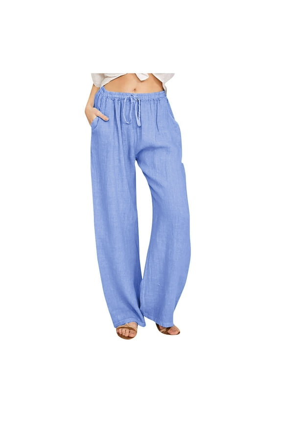 Women's Cotton Linen Pants Casual Wide Leg Pants High Waisted Drawstring Pants Workout Gym Trousers 2127