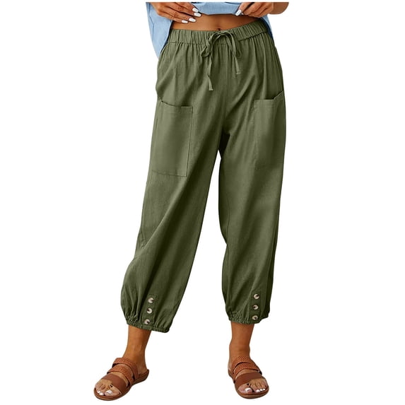 Women's Cotton Linen Pants Drawstring Elastic Waist Capri Pants Lounge Pants with Pockets
