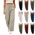 thumbnail image 1 of Women's Cotton Linen Pants Drawstring Elastic Waist Pockets, Solid Color Loose Soft Fit Casual Long Straight | VerBelle,Army Green L, 1 of 8