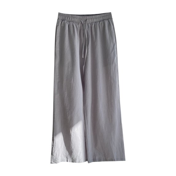 Women's Cotton Linen Pants Drawstring Elastic Waist Side Pockets High Rise Casual Loose Trousers Pants