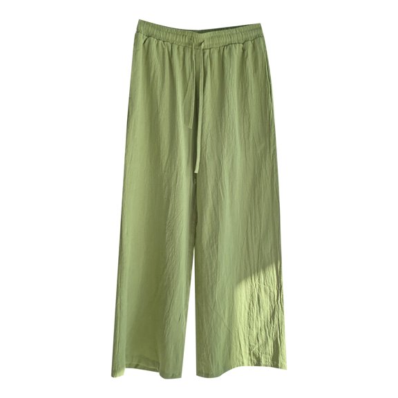 Women's Cotton Linen Pants Drawstring Elastic Waist Side Pockets High Rise Casual Loose Trousers Pants