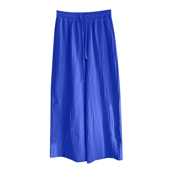 Women's Cotton Linen Pants Drawstring Elastic Waist Side Pockets High Rise Casual Loose Trousers Pants
