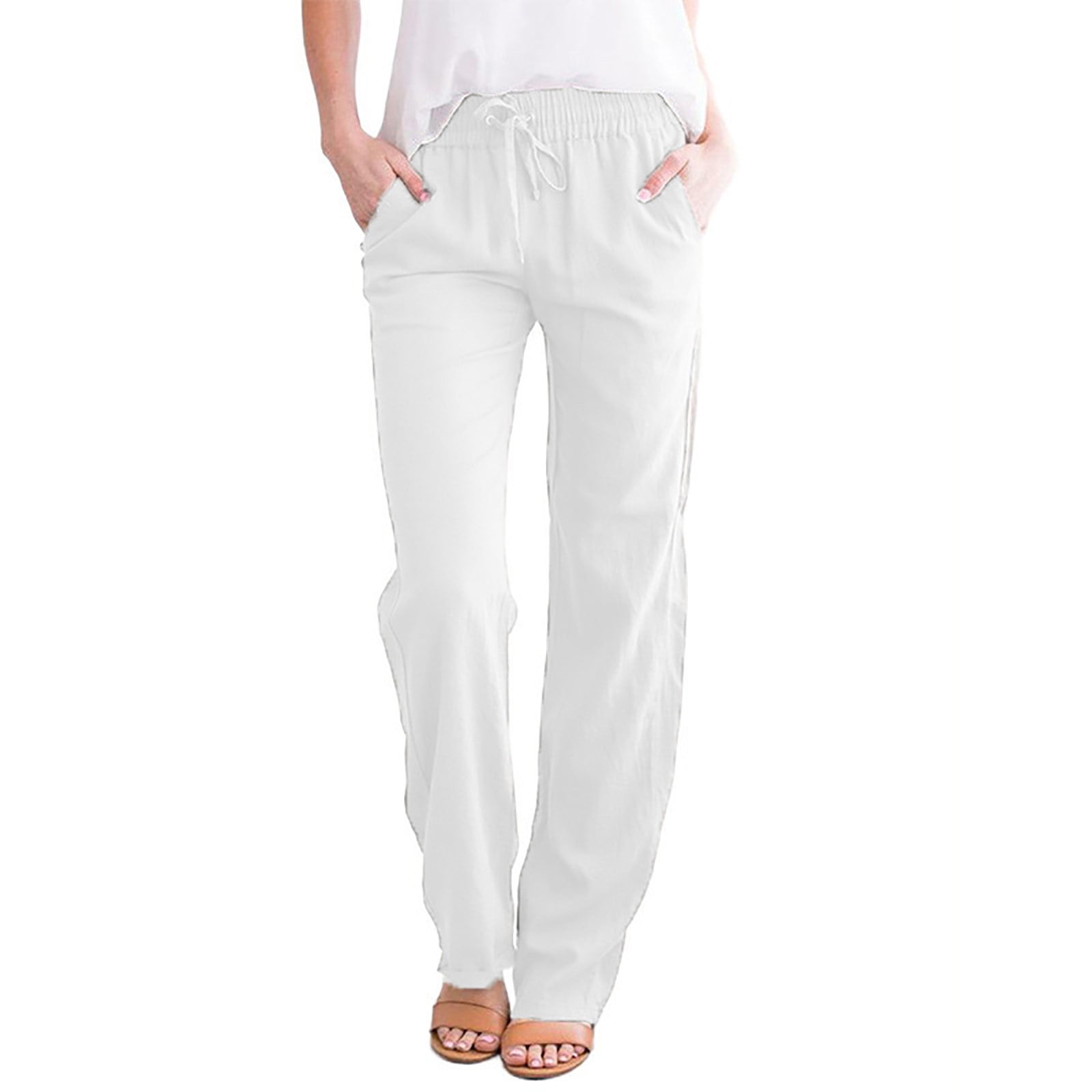 Women's Cotton Linen Pants Drawstring Elastic Waist Side Pockets high ...
