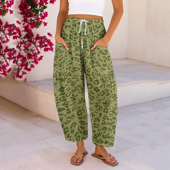 Women's Cotton Linen Pants Elastic Waist Casual Leopard Print Vacation Barrel Trousers with Pockets