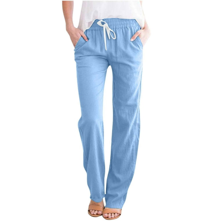 Women's Cotton Linen Pants Lounge Drawstring Elastic Wasited Pants Comfy  Soft Straight Leg Trousers with Pockets