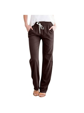 Cotton Linen Pants for Women Elastic Waist Drawstring Straight Leg