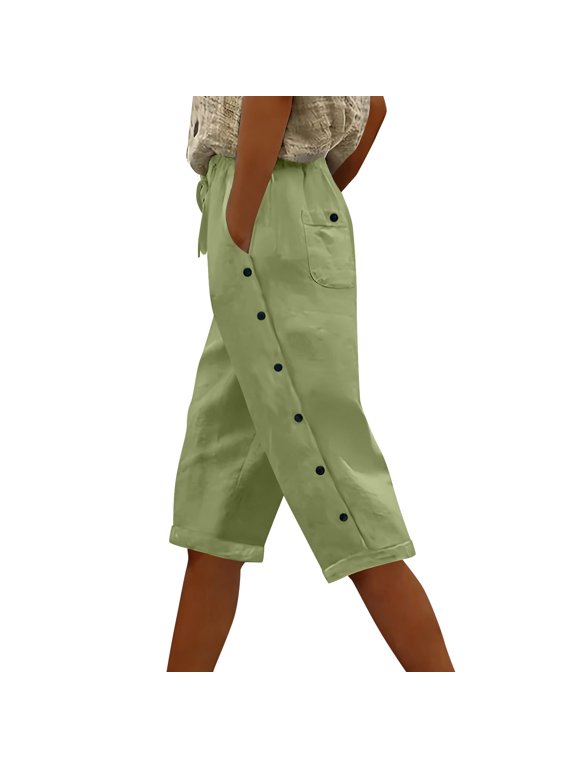 Women's Cotton Linen Pants Elastic Waist Drawstring Trousers with Button Loose Knee Length Pants Summer Casual Beach Capris Mint Green S