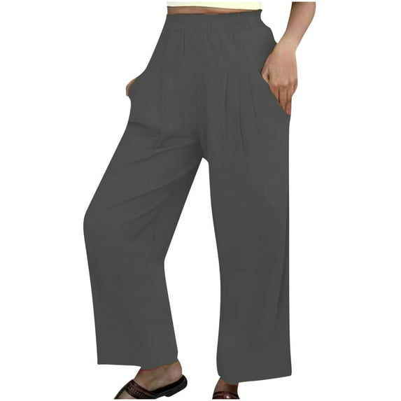 Women's Cotton Linen Pants Elastic Waist Solid Wide Leg Pants Casual Baggy Comfy Lounge Trousers with Pockets Ladies Clothes