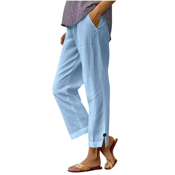 Women's Cotton Linen Pants Elastic Waisted Straight Leg Lounge Pants Casual Split Slacks Trousers with Pockets Light Blue Large
