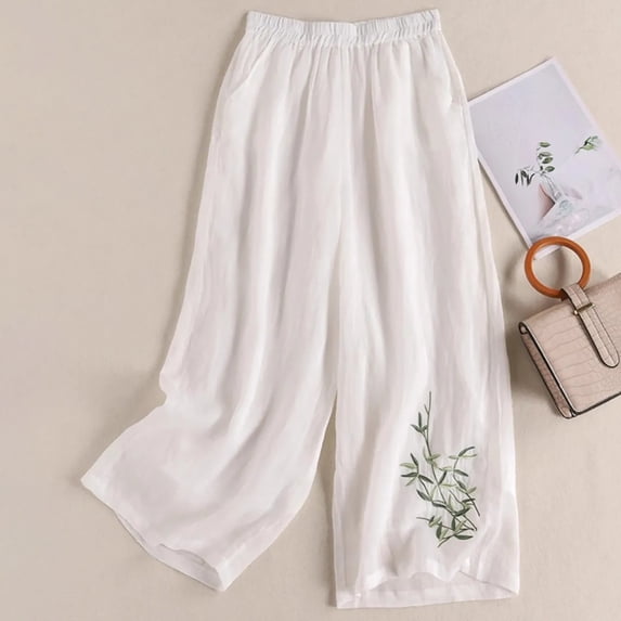 Women's Cotton Linen Pants, Embroidered Wide Leg Pants, High Waisted Loose Fit Boho Trousers, Comfortable Breathable Casual Palazzo Pants for Women Spring and Summer White M