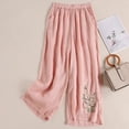 thumbnail image 1 of Women's Cotton Linen Pants, Embroidered Wide Leg Pants, High Waisted Loose Fit Boho Trousers, Comfortable Breathable Casual Palazzo Pants for Women Spring and Summer Pink XL, 1 of 3