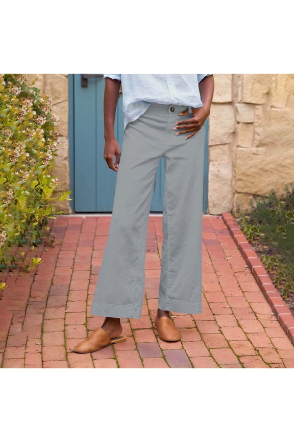 Women's Cotton Linen Pants, High Waist Elastic Waist Straight Leg Pants, Casual Work Pants with 4 Pockets, Office Trousers for Daily Wear, Business Casual and Professional Outfits-Gray