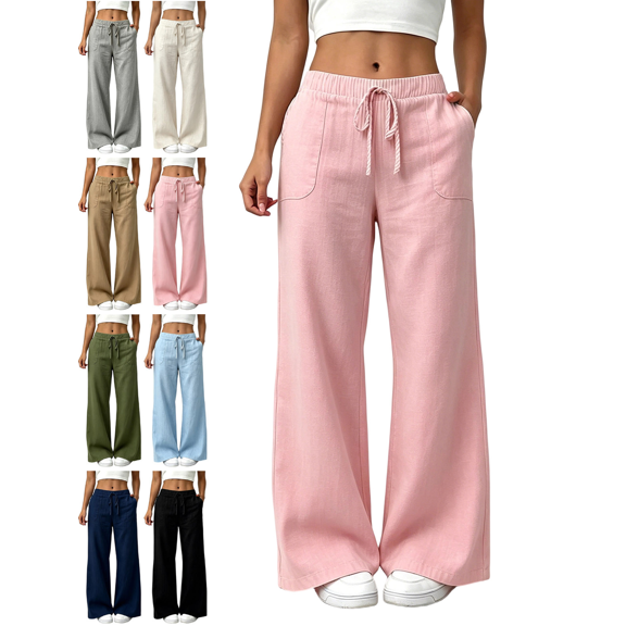 Women's Cotton Linen Pants High Waisted Drawstring Relaxed Fit Wide Leg Pants Solid Color Long Lounge Pant Trousers with Pocket