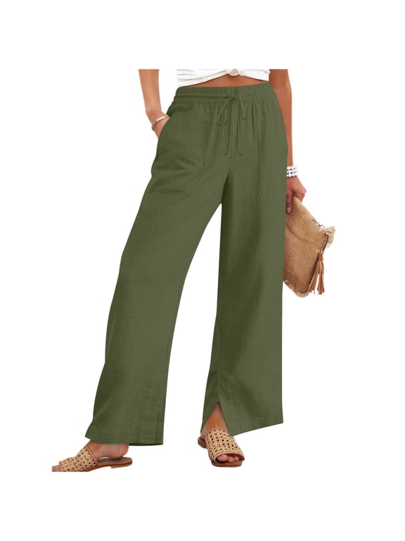 Women's Cotton Linen Pants High Waisted Wide Leg Pants Loose Split Hem Palazzo Breathable Summer Casual Trousers with Pockets Flowy Beach Trousers with Pockets Olive Green S