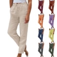 thumbnail image 1 of Women's Cotton Linen Pants, High Waisted Wide Leg Trousers with Drawstring, Casual Elastic Waist Loose Palazzo Ankle Pants for Beach, Summer, Lounge and Daily Outfits-Beige, 1 of 7