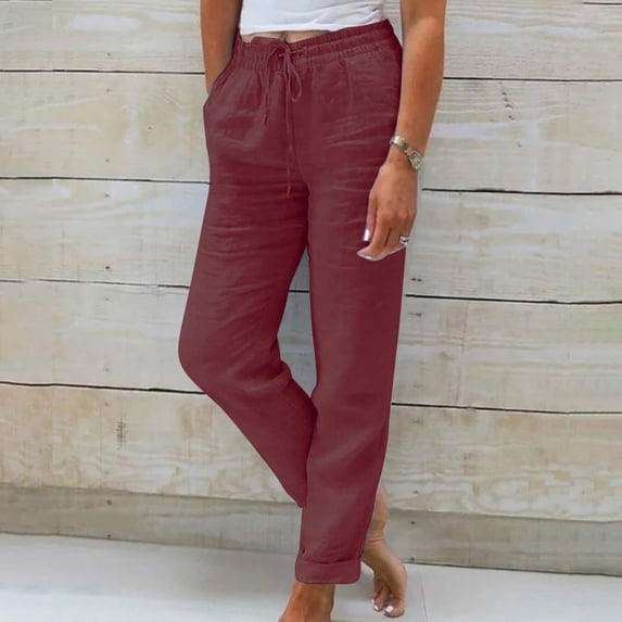 Women's Cotton Linen Pants, High Waisted Wide Leg Trousers with Drawstring, Casual Elastic Waist Loose Palazzo Ankle Pants for Beach, Summer, Lounge and Daily Outfits-Wine