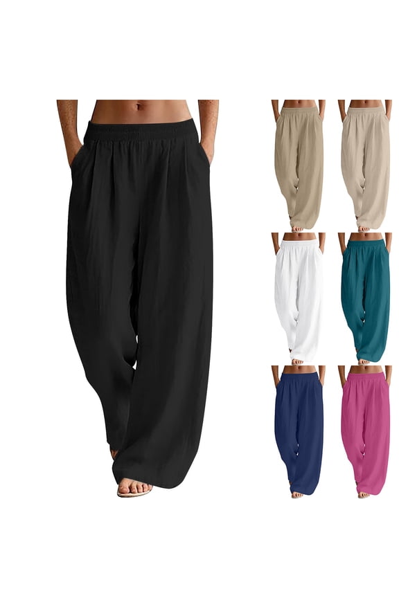 Women's Cotton Linen Pants, High Waisted Wide Leg Trousers, Elastic Waist Casual Pants, Breathable Summer Pants for Loungewear, Yoga and Daily Wear-Beige