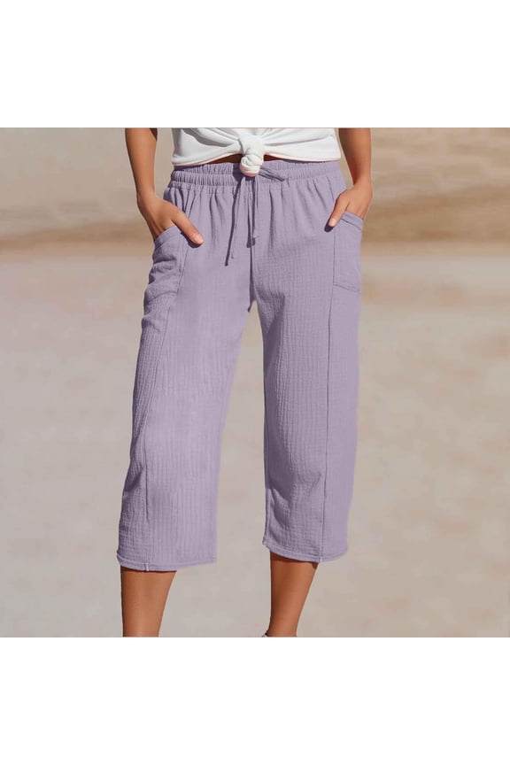 Women's Cotton Linen Pants, Lightweight Capri Cropped Pants, Elastic Waist Pull On Trousers with Side Pockets, Crinkle Texture Beach Pants for Vacation, Spring and Summer Daily Wear-Light Violet