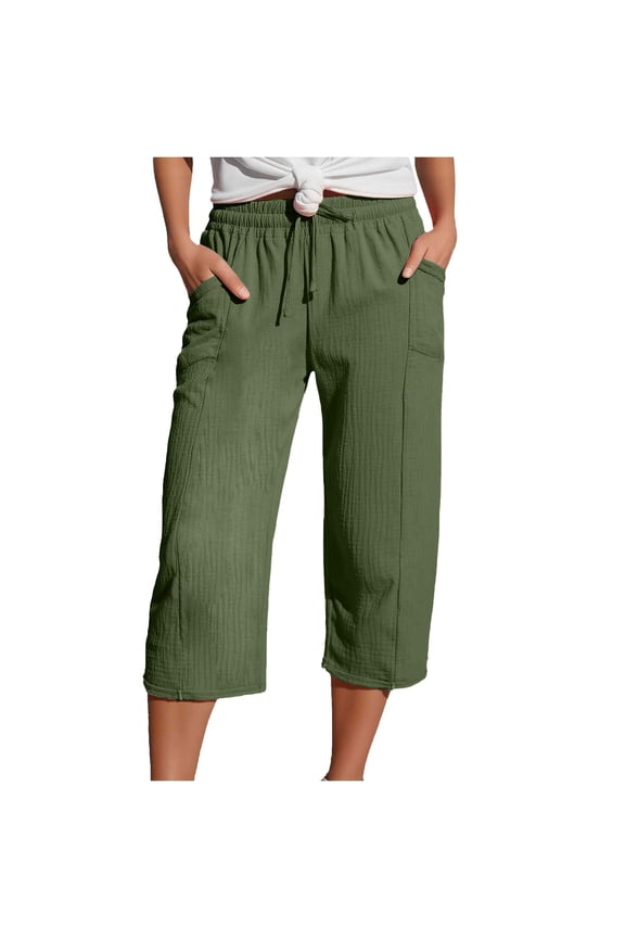 Women's Cotton Linen Pants, Lightweight Capri Cropped Pants, Elastic Waist Pull On Trousers with Side Pockets, Crinkle Texture Beach Pants for Vacation, Spring and Summer Daily Wear-Green