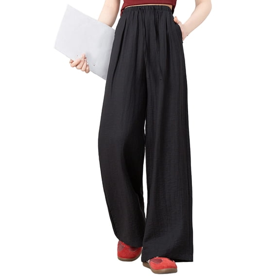 Women's Cotton Linen Pants Lightweight Elastic Waist Slack with Drawstring Ruched Summer Palazzo Pants Flowy Wide Leg Beach Trousers with Pockets Fashion Trendy Outfits 2026 Black M