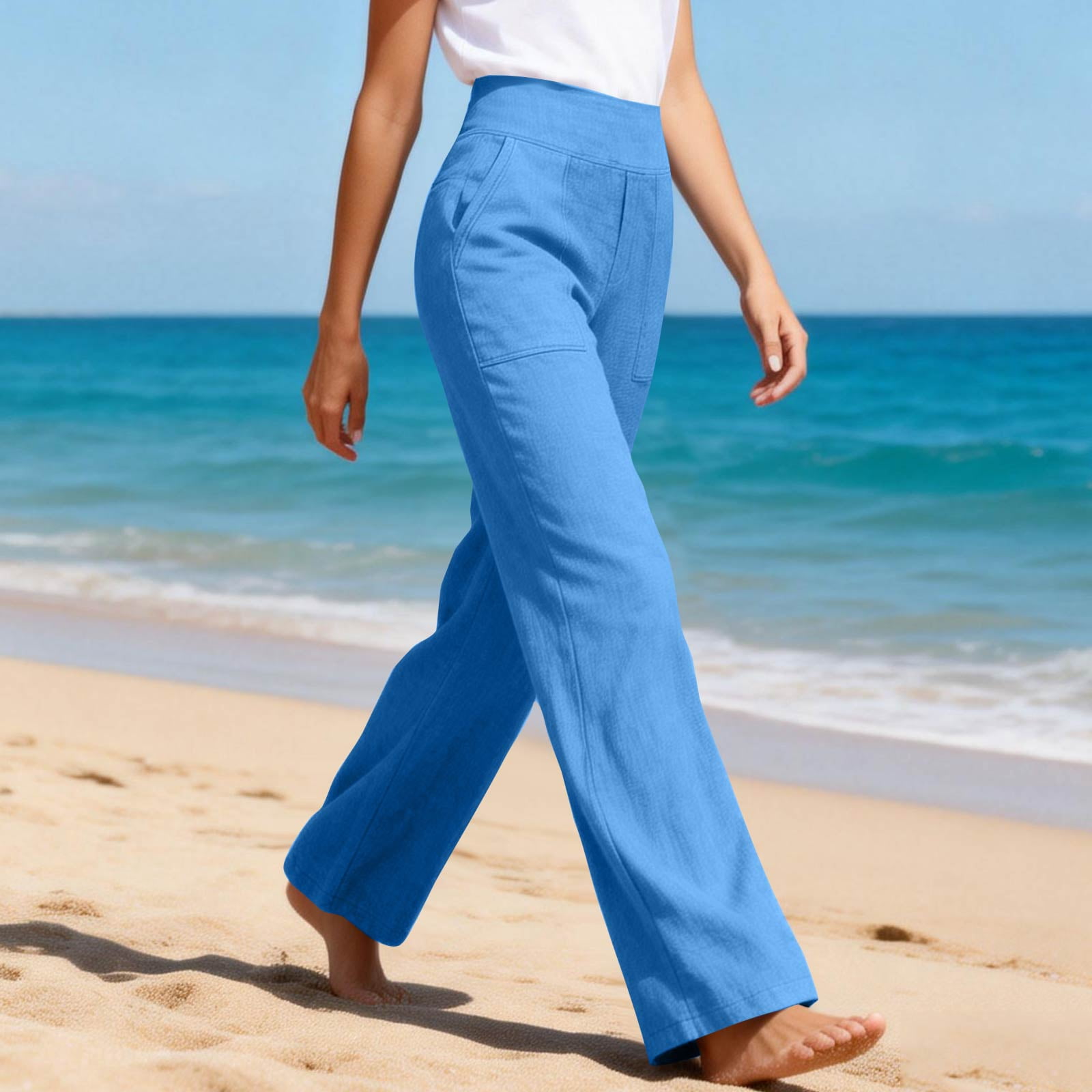Women’s Cotton Linen Pants Loose Fit High Waist Straight Leg Solid ...