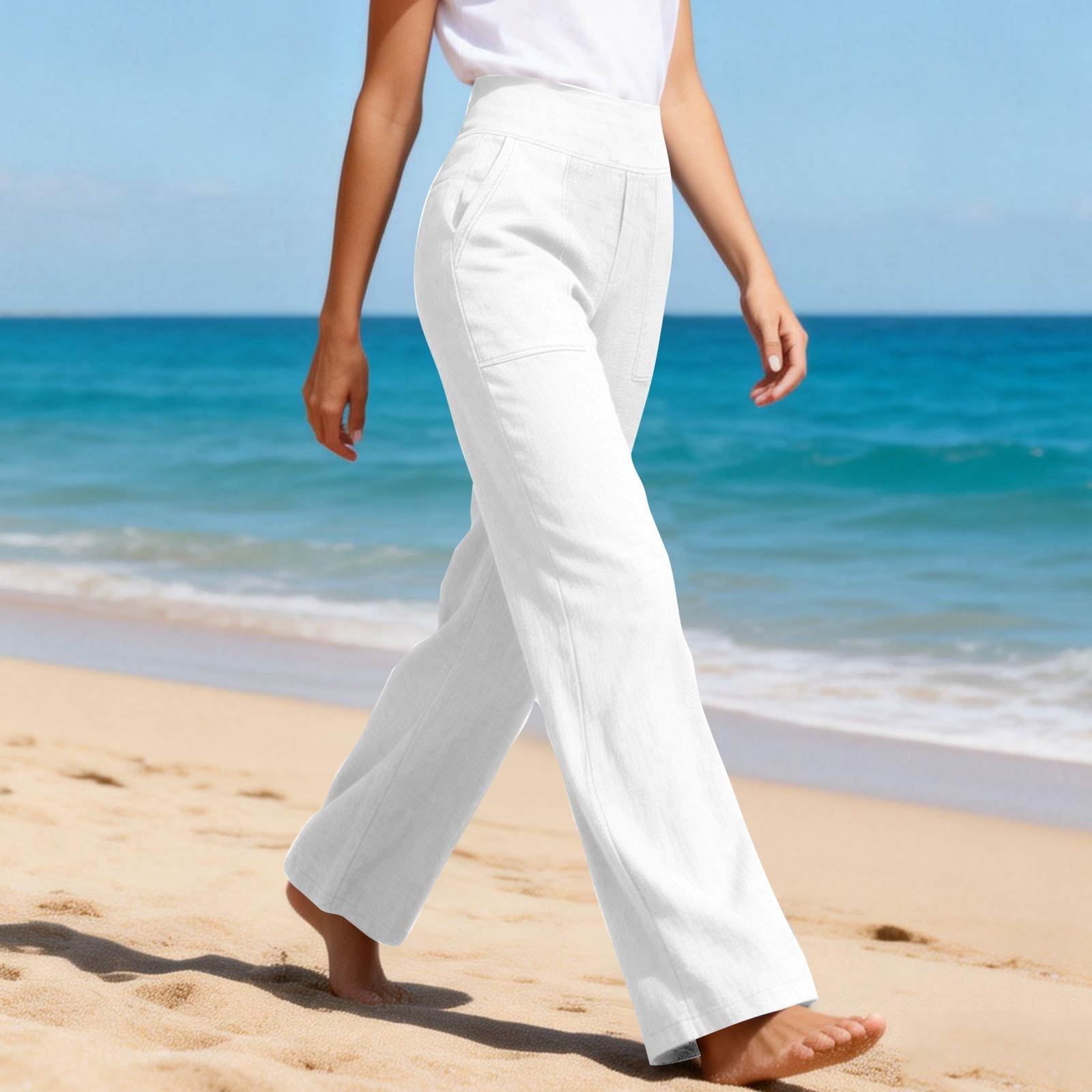 Women’s Cotton Linen Pants Loose Fit High Waist Straight Leg Solid ...