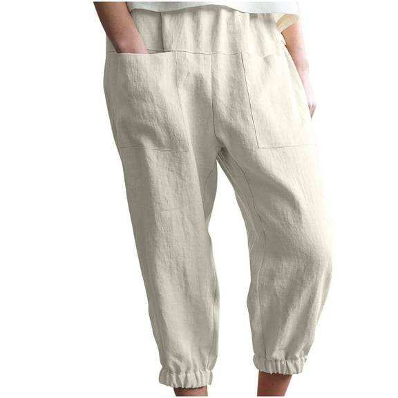 ZQUUVOU Women's Cotton Linen Pants New Casual Loose Pocket Linen Casual Pants Solid Color Pants Home Pants Khaki
