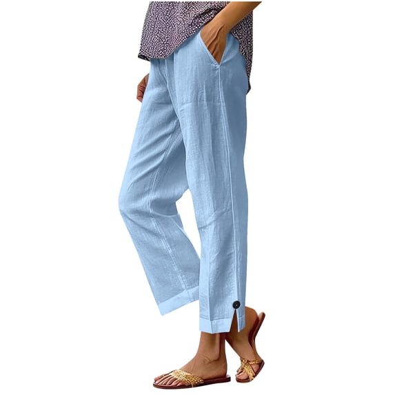 Husipze Women's Cotton Linen Pants Solid Color Elastic Waist Drawstring Lightweight Trousers Versatile Straight Tube Casual Thin Pant Light Blue M