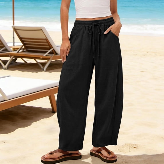 Women's Cotton Linen Pants Stripe Elastic Waist Loose Wide Leg Trousers with Pockets Breathable Casual Pants for Summer Daily Vacation Beach Wear Black L