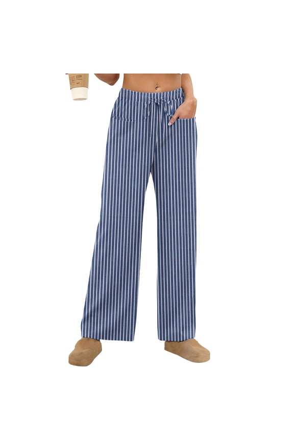 Women's Cotton Linen Pants Summer Casual Trouser Lightweight Comfy Loose Bottoms Solid Color Comfortable Soft Striped Elastic Waist Straight Pajama Pants