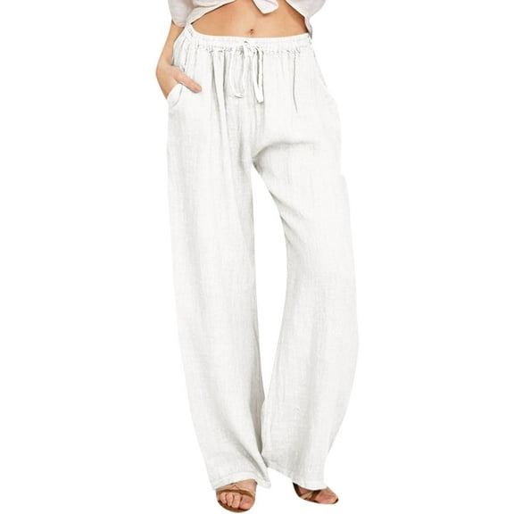 Women's Cotton Linen Pants Summer Wide Leg Casual Loose Drawstring High Waist Palazzo Pants Trousers with Pockets,M,White,Pleated,Mid
