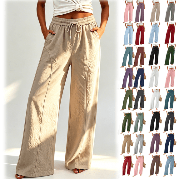 Women's Cotton-Linen Pants for Women, Summer Solid Color Loose Straight Leg Long Trousers, Elastic Drawstring Waist Pull On Casual | TruHer,Army Green L