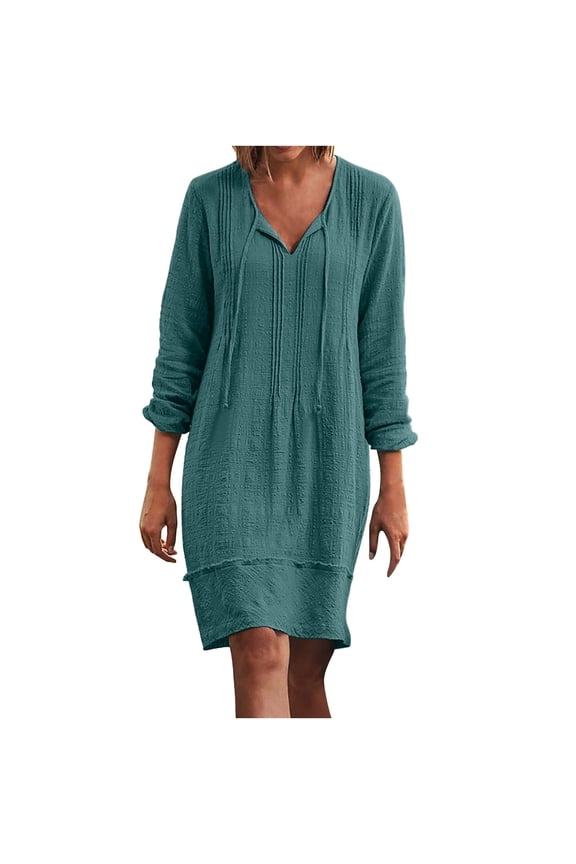 Women's Cotton And Linen Party Dresses V-Neck Long Sleeve Bohenian Solid Print Loose Pleat Beach Dress Casual Mini Dresses Plus Size Cocktail Shift Midi Dress