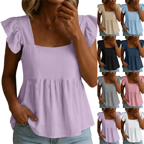 Women's Cotton Linen Peplum Hem Blouses Square Neck Ruffle Sleeve Tops Loose Fit Flowy Casual Summer Shirts Daliy Wear ,M,Light Purple