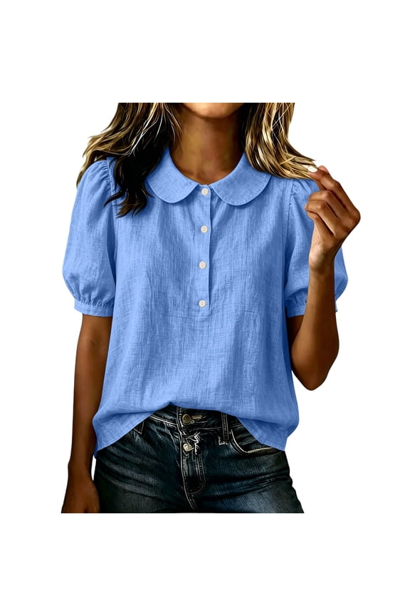 Women's Cotton Linen Peter Pan Collar Blouse, Puff Short Sleeve Button Down Casual Summer Tops, Loose Fit Ladies Shirts for Daily Wear S-3XL Blue