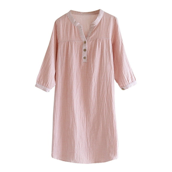 Women’s Cotton Linen Plaid Sleep Dress – V-Neck Summer Nightgown (2025 Eco-Friendly Loungewear Essential)