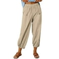 thumbnail image 1 of Women's Cotton Linen Plus Size Capri Pants Elastic High Waist with Pocket Solid Summer Loungewear Pants 2025 Khaki 02,XL, 1 of 7