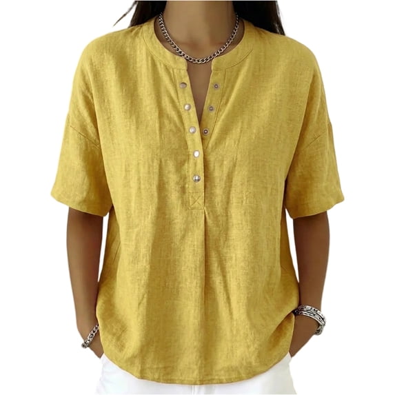 Women’s Cotton Linen Polo Shirt Casual Short Sleeve Button Down Summer Tops, L