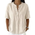 thumbnail image 1 of Women’s Cotton Linen Polo Shirt Casual Short Sleeve Button Down Summer Tops, M, 1 of 4