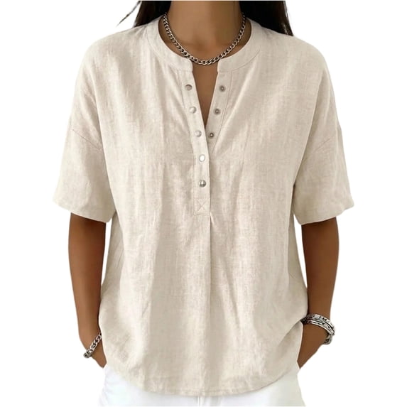 Women’s Cotton Linen Polo Shirt Casual Short Sleeve Button Down Summer Tops, M