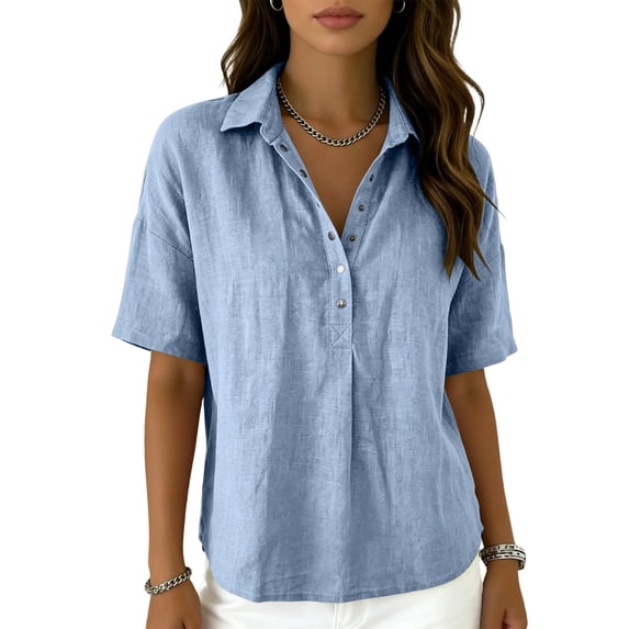 Women's Cotton Linen Polo Shirt, Casual Short Sleeve Summer Top, Button Down Blouse